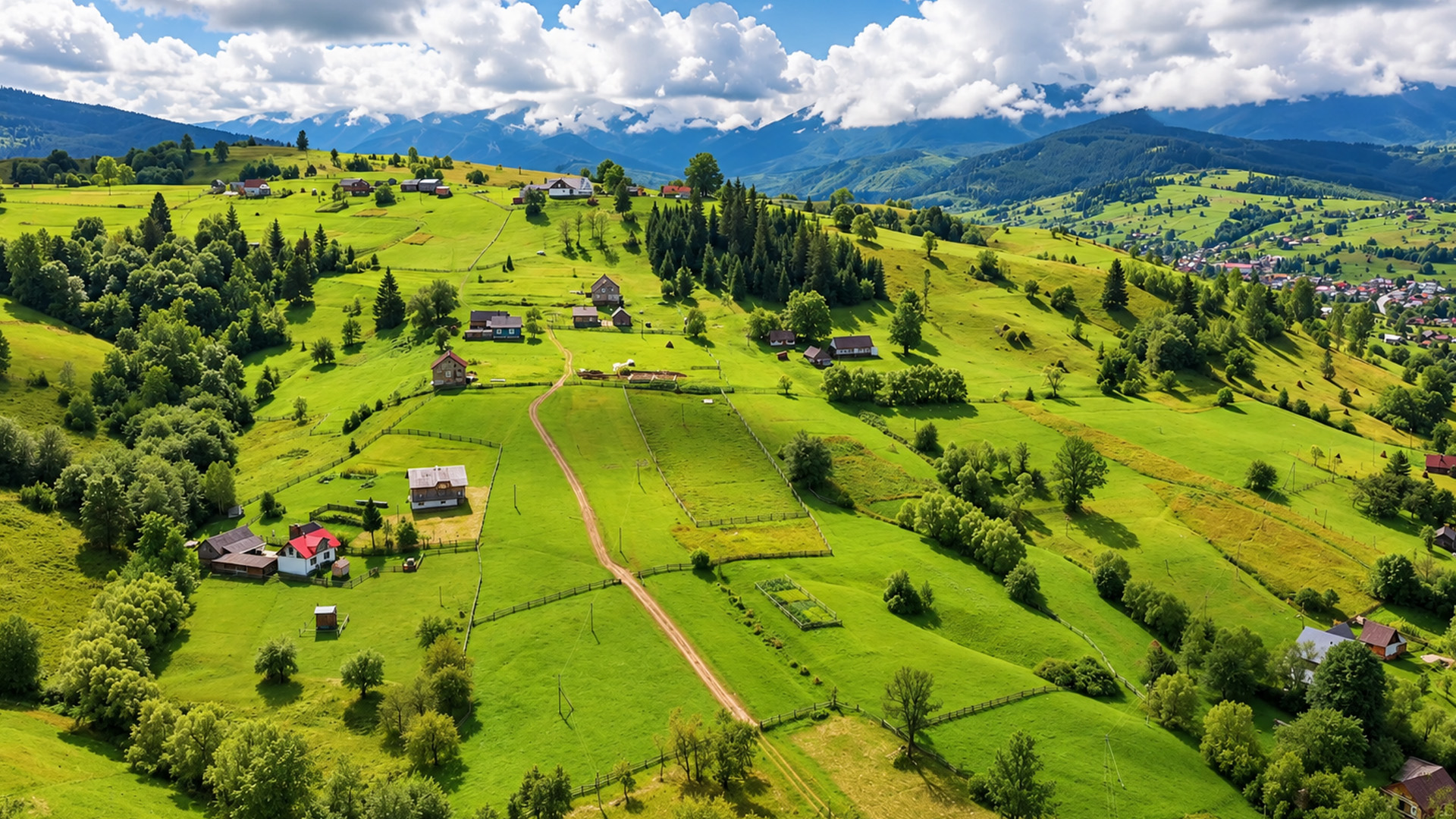 Rural landscapes spread across Ukraine’s mountain slopes