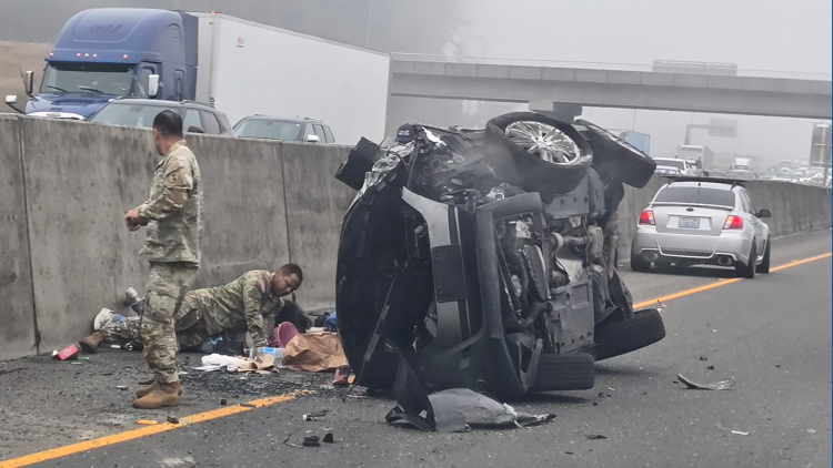 Soldiers restrain woman after children stabbed in I-5 crash in Pierce County