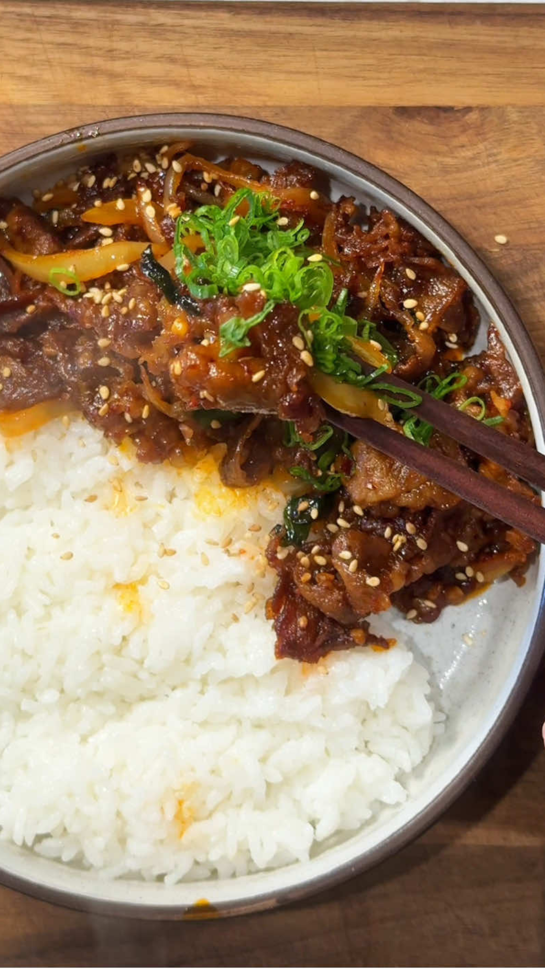 Spicy Korean pork rice bowl for a late night meal