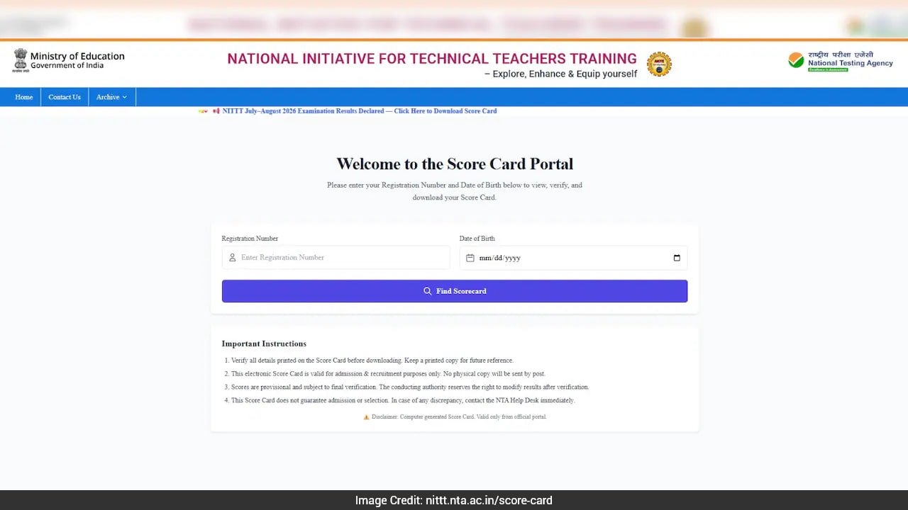 NITTT July-August 2026 result out: Check batch-13 scorecard and direct ...