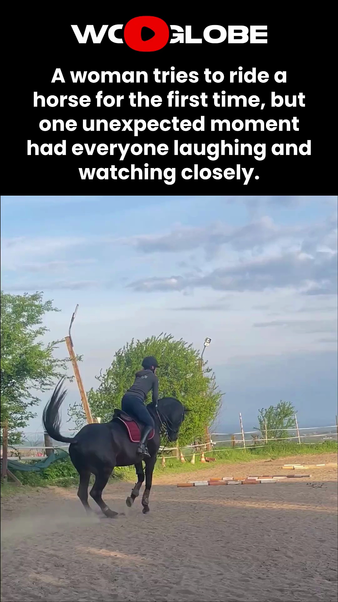 During a horse ride, a woman falls backward when the horse rears up