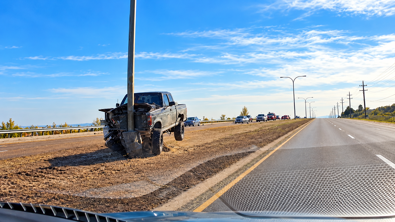Pickup leaves the road - then slams into a pole