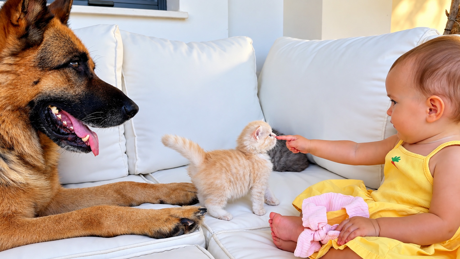 Baby and German shepherd share a calm moment with kittens