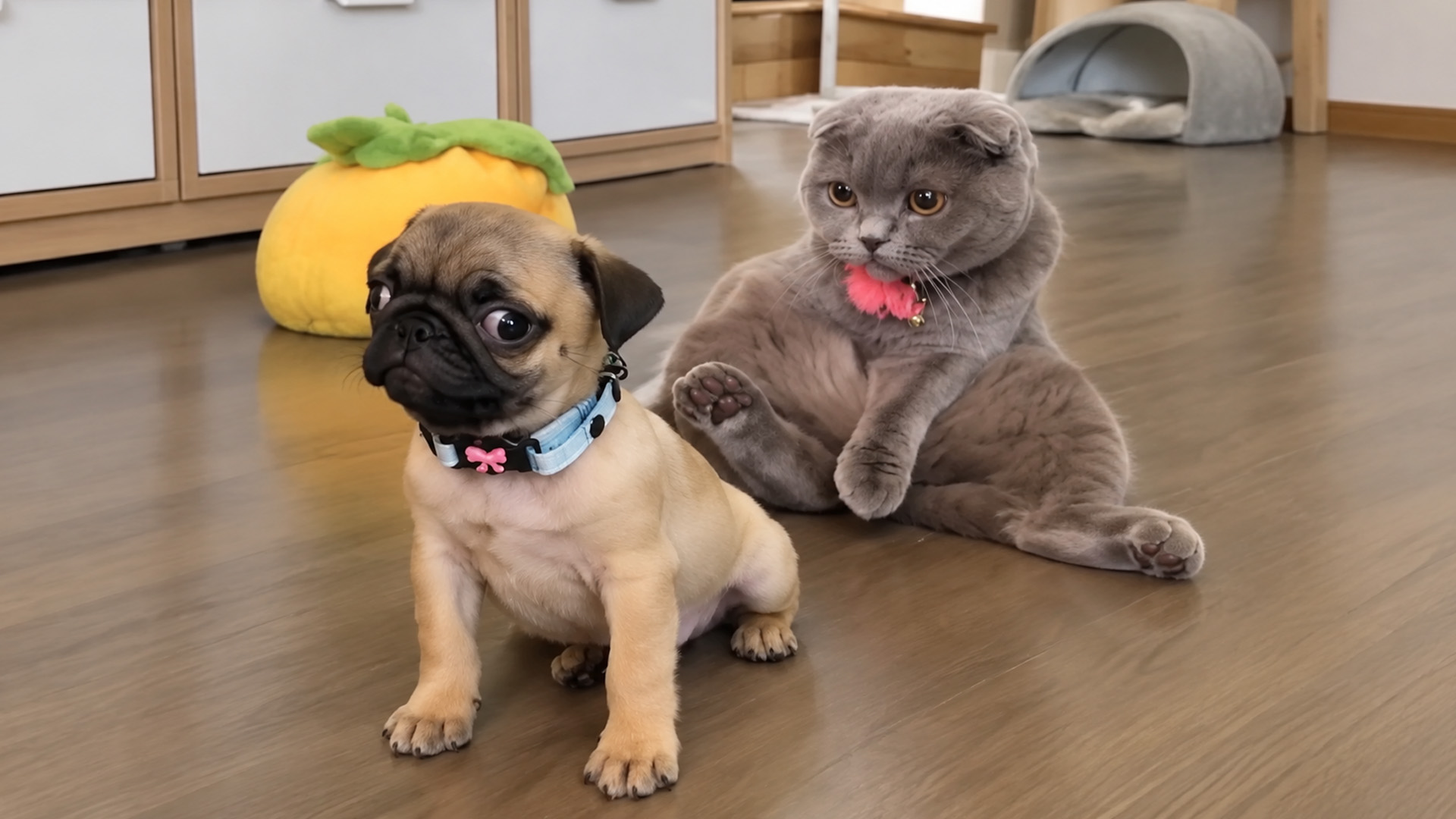 Cat makes an unexpected move behind the puppy