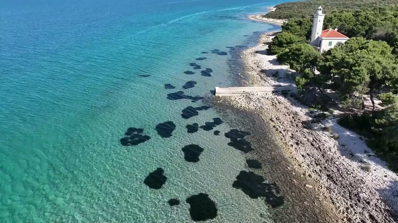 Vir Island lighthouse, Croatia: Drone views of Adriatic coastline and ...