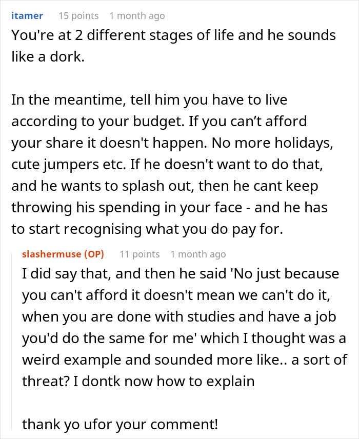 Boyfriend says he does far more financially, girlfriend starts listing ...
