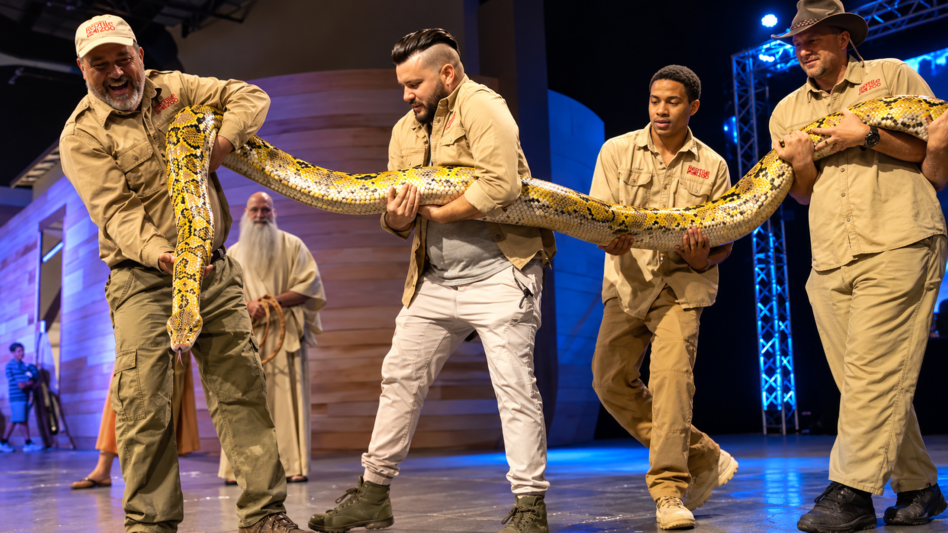 Albino Burmese python is too long for one person
