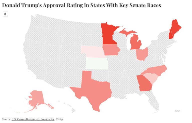Map—Trump approval rating in each Senate swing stat 4 weeks before midterm