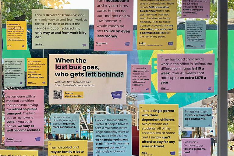 Belfast bus stop features stories of how proposed Translink cuts will ...