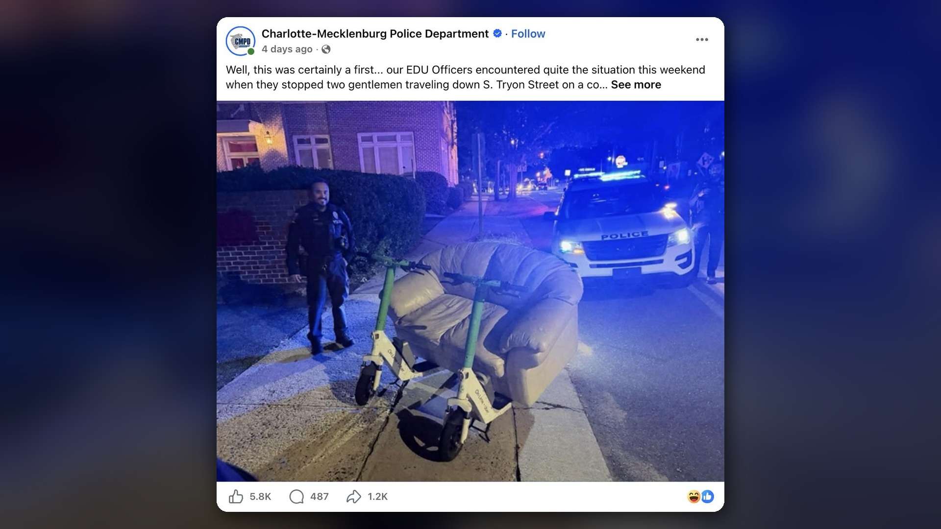 Charlotte police stopped an ‘actual couch’ on two Lime scooters and ...
