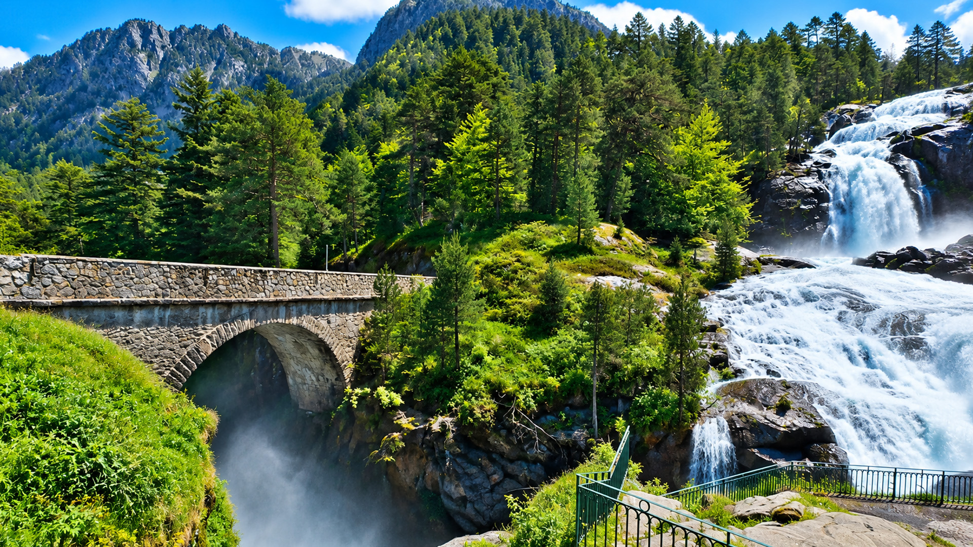 A historic bridge hidden among roaring waterfalls