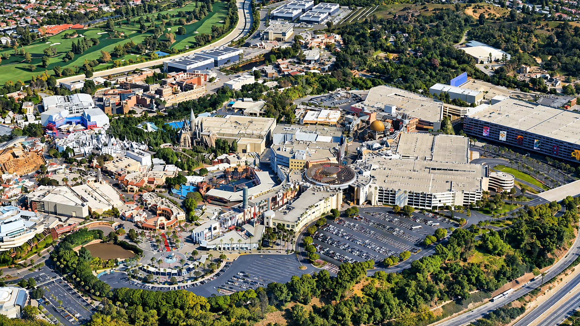 Universal City Los Angeles framed by roads and hills