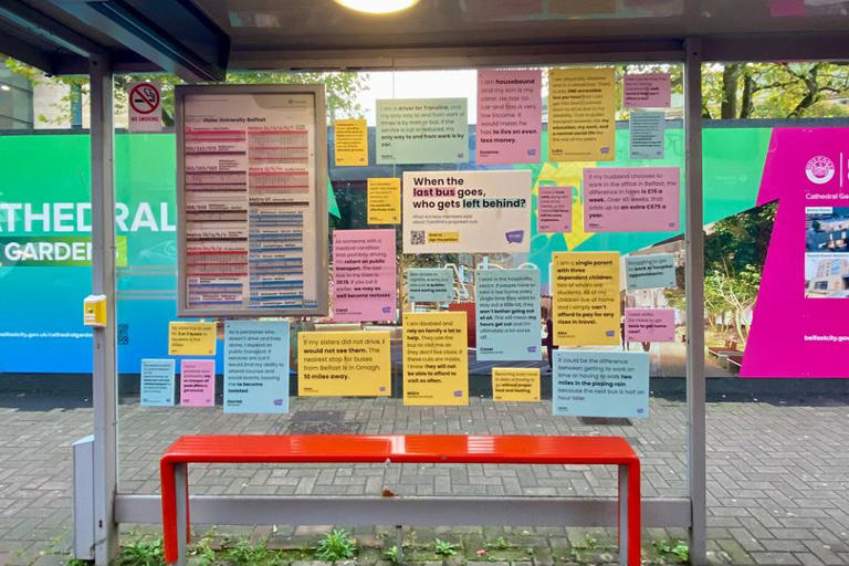 Belfast bus stop features stories of how proposed Translink cuts will ...