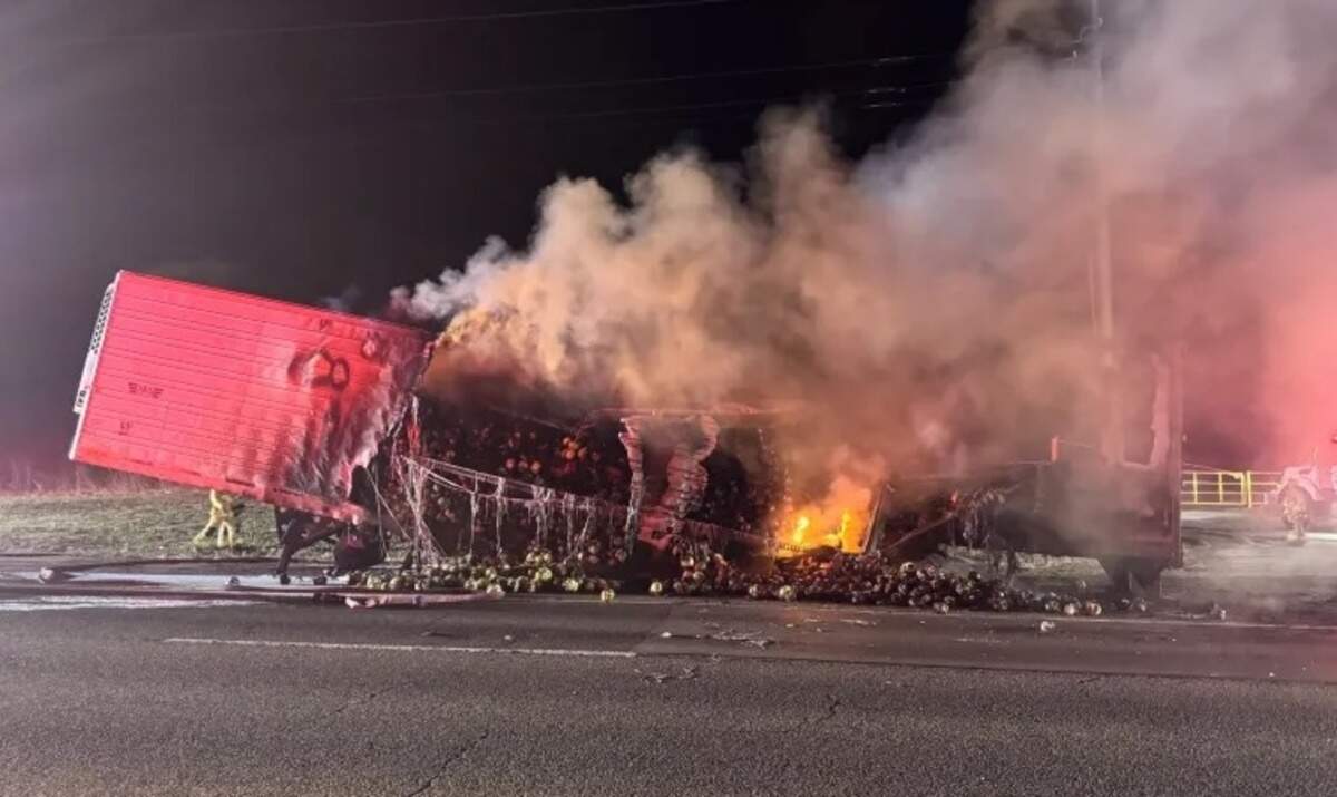 Fire burns semi-truck trailer packed with 35,000 pounds of produce on ...