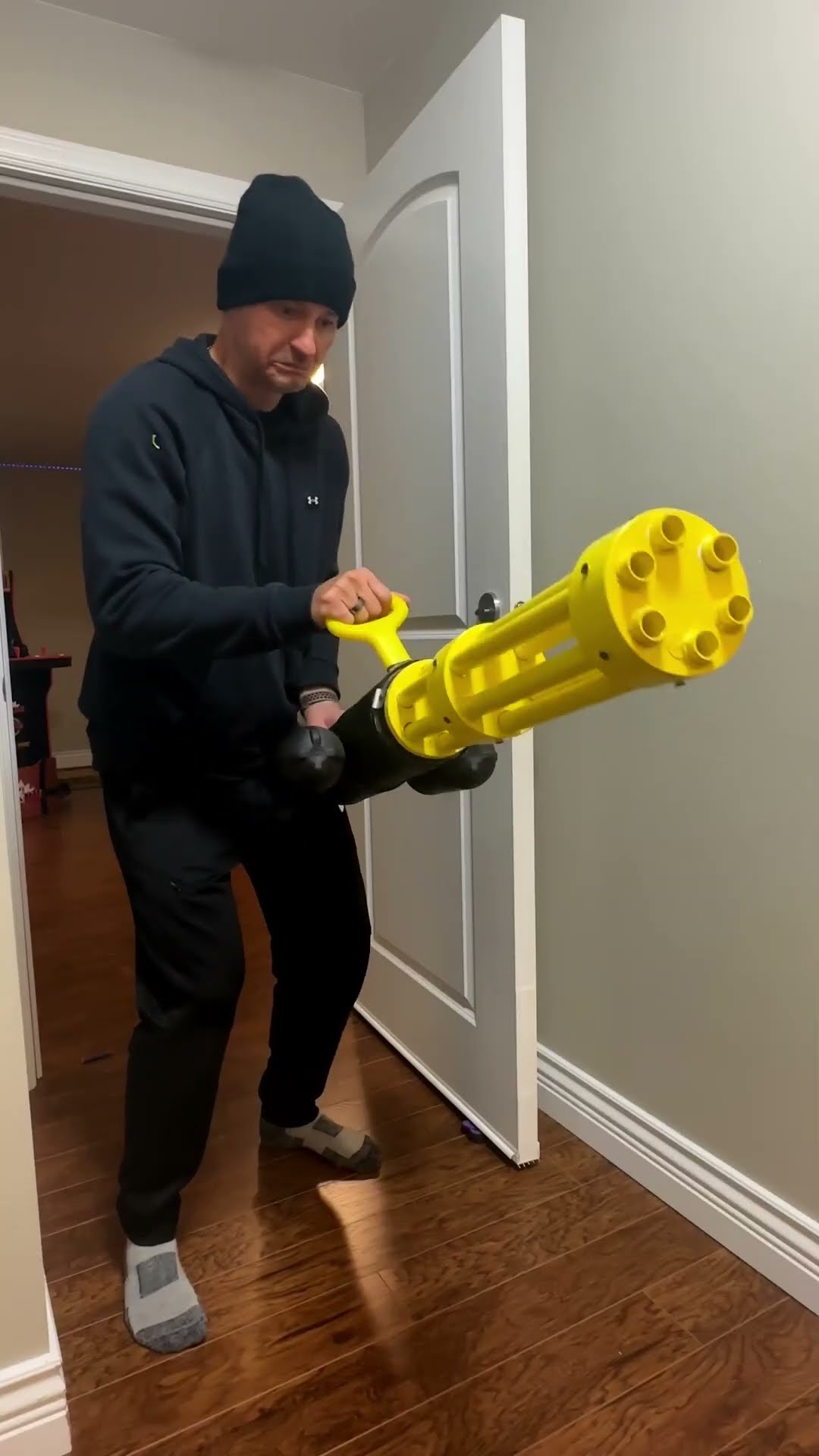Epic Nerf war showdown: giant blaster vs. minigun (comedy skit)