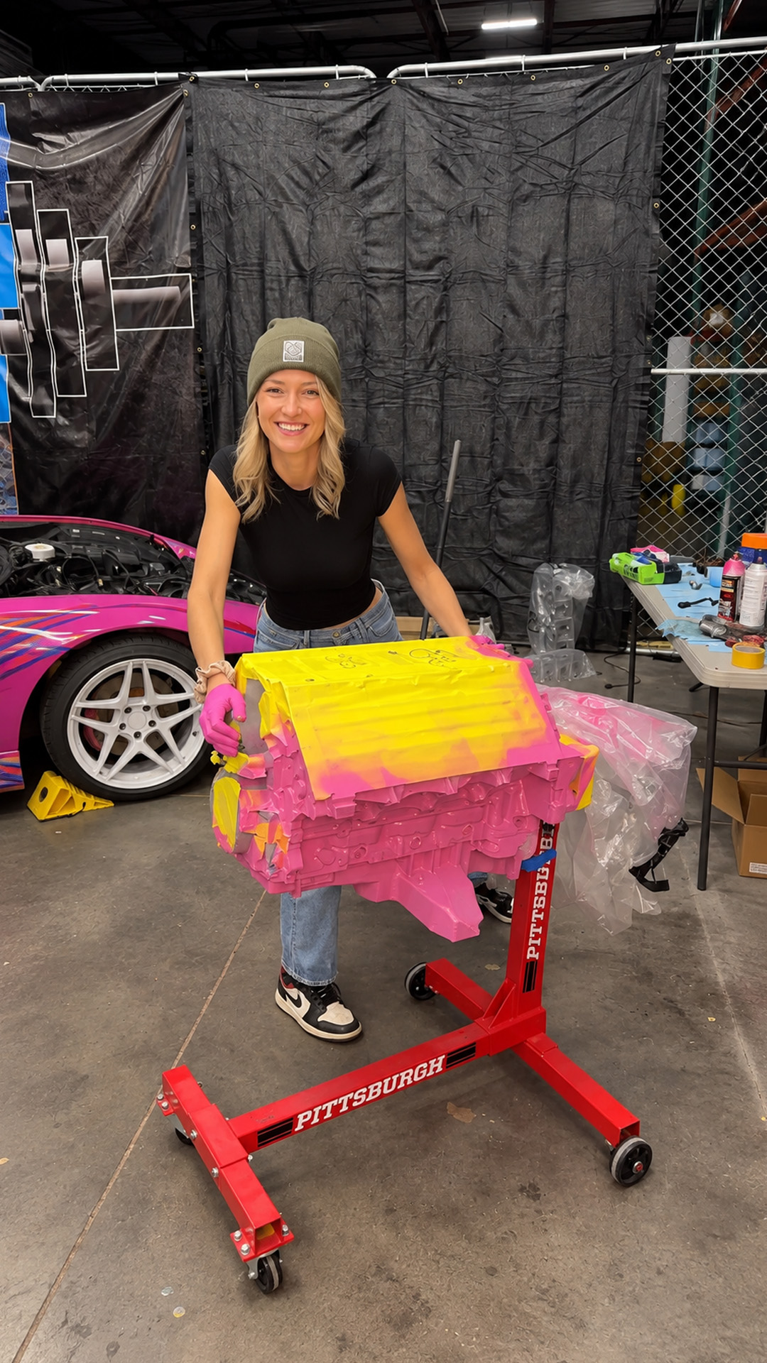 A fresh pink finish makes this Corvette engine stand out