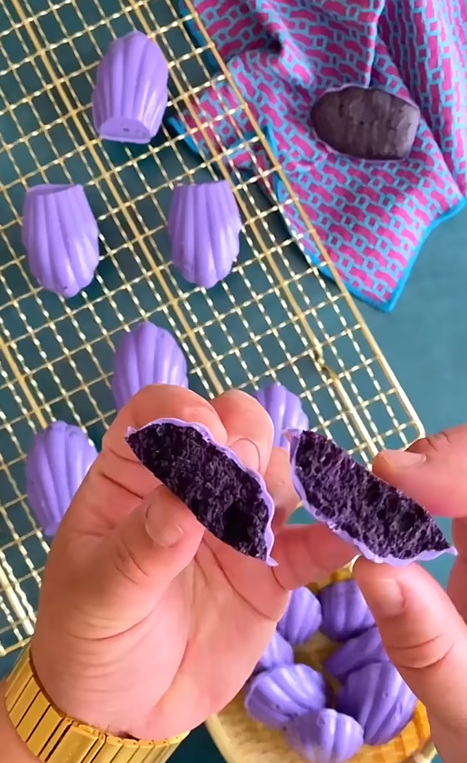 Filipino ube madeleines with a soft purple finish