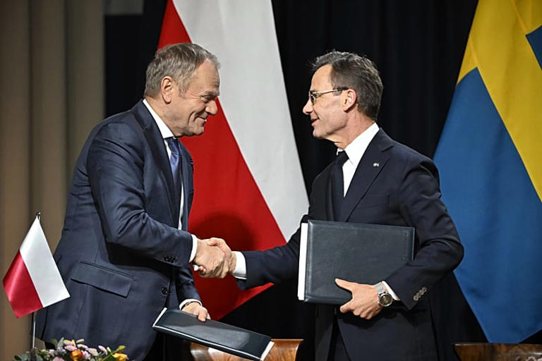 El primer ministro polaco, Donald Tusk, a la izquierda, y el primer ministro sueco, Ulf Kristersson, se dan la mano durante la cumbre del jueves en Harpsund, en Flen, Suecia, el 28 de noviembre de 2024. COPYRIGHT TT NYHETSBYRÅN