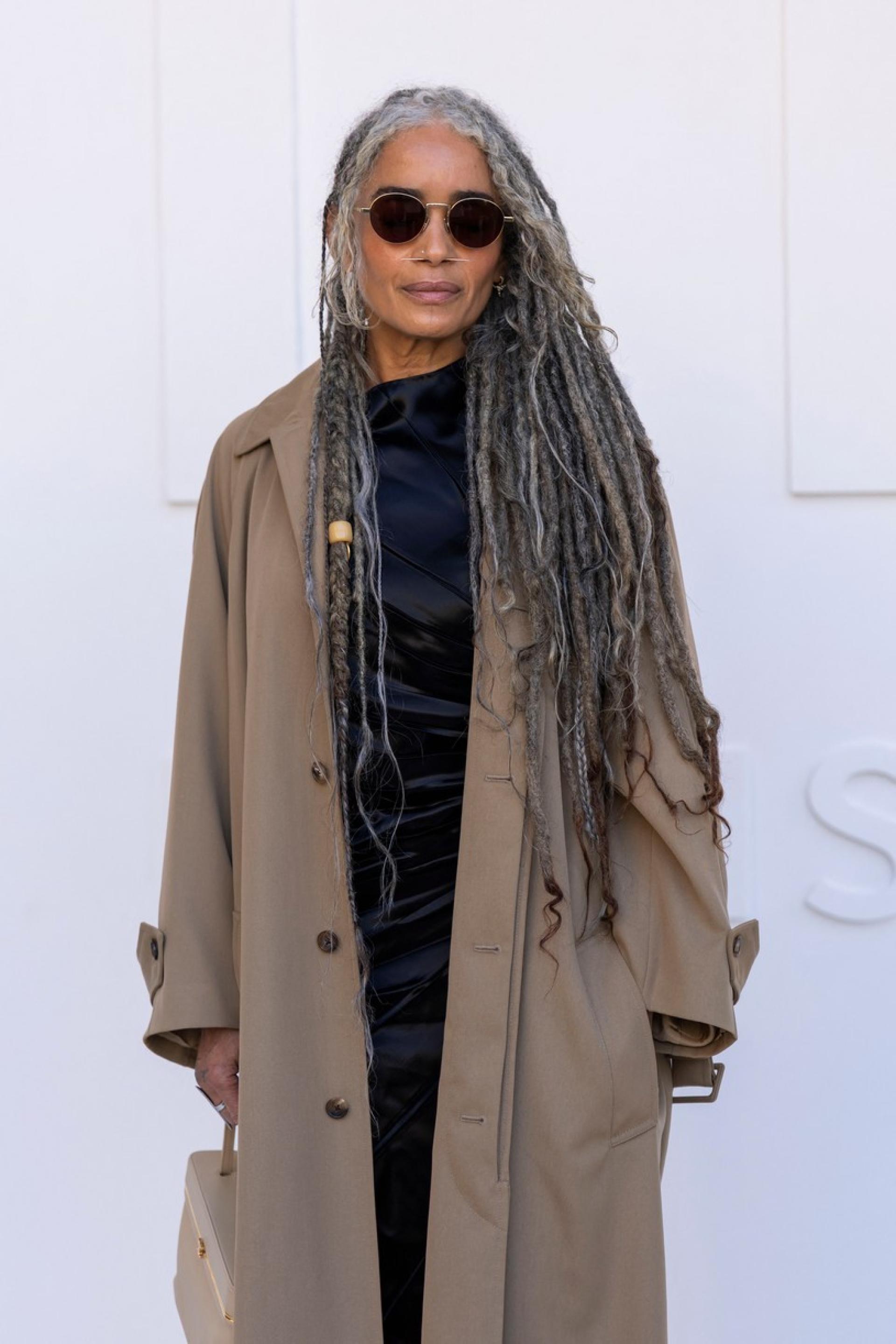 Lisa Bonet shows off waist-length silver hair at Paris Fashion Week