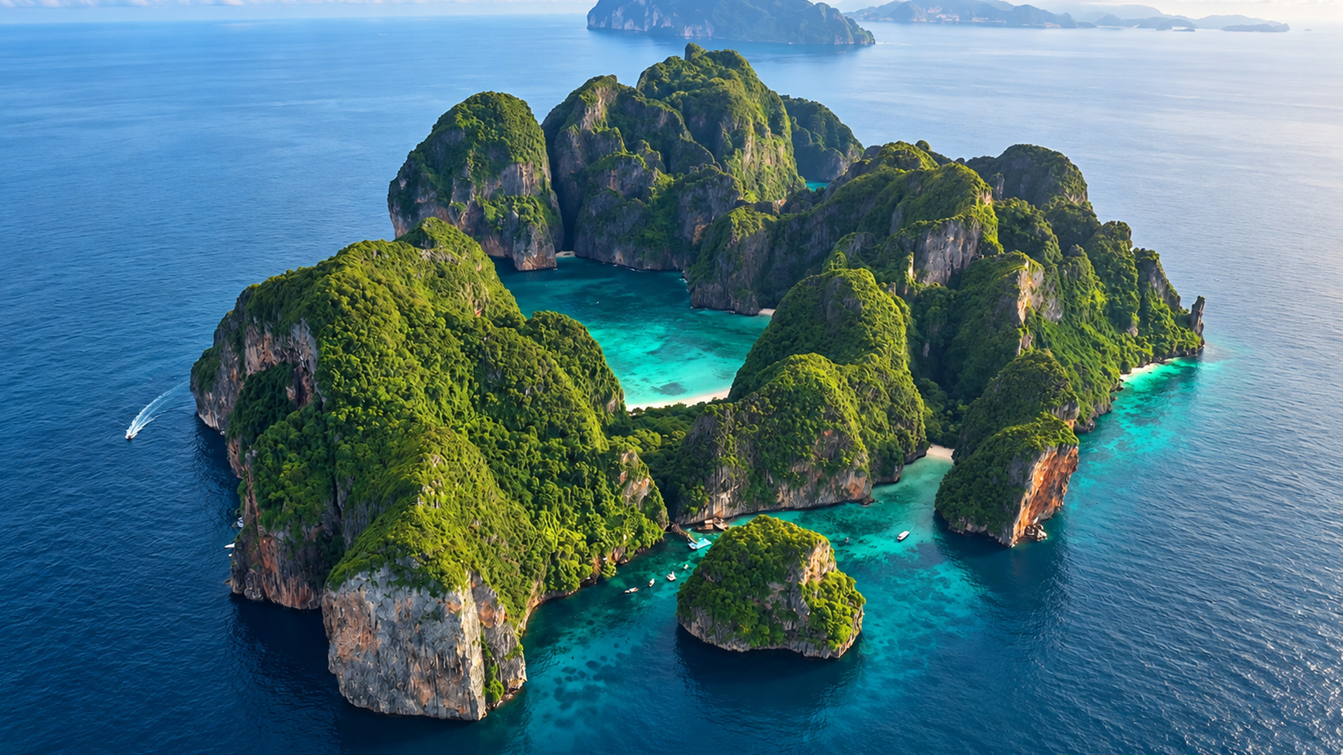 What lies between these towering limestone islands?