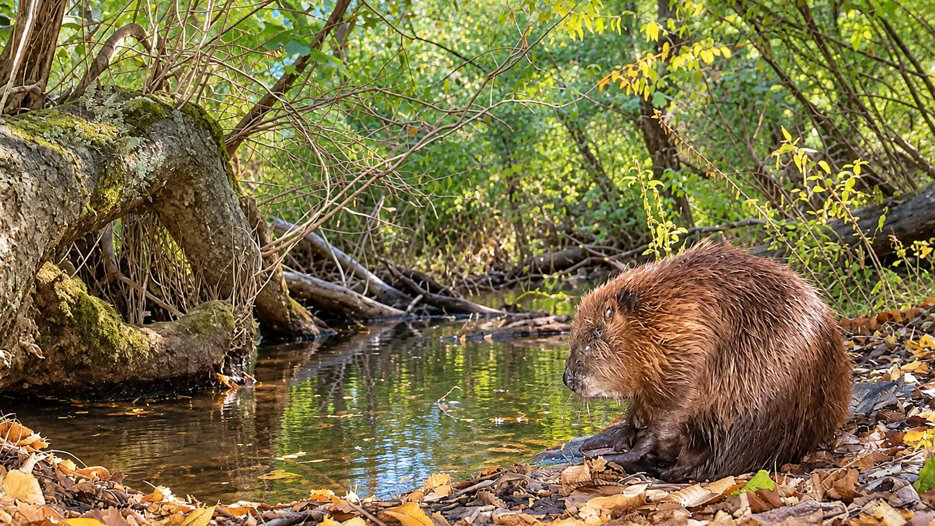 Camera trap captures a beaver resting beside a quiet forest stream
