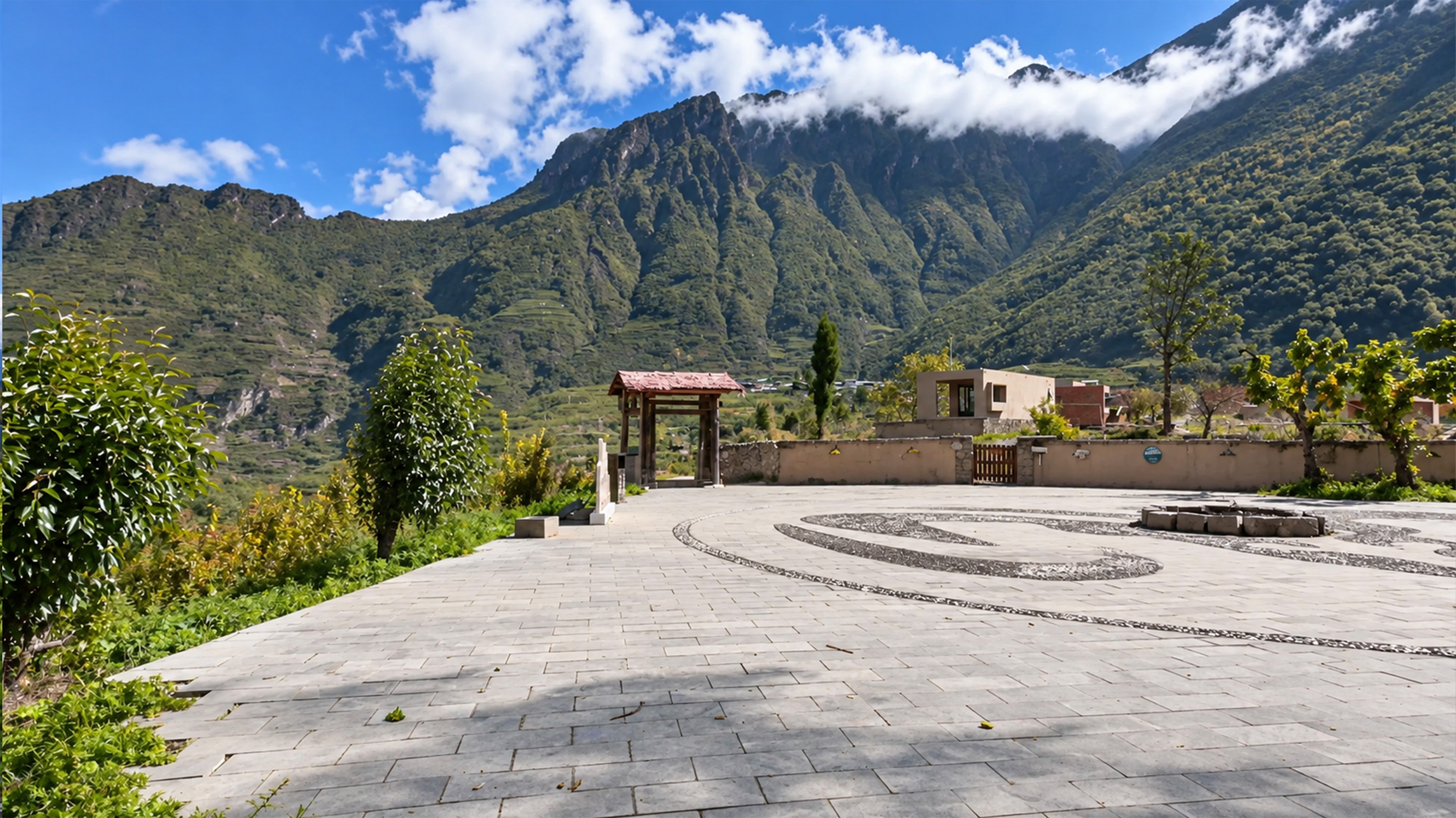 This open courtyard looks tiny beneath China’s giant mountains