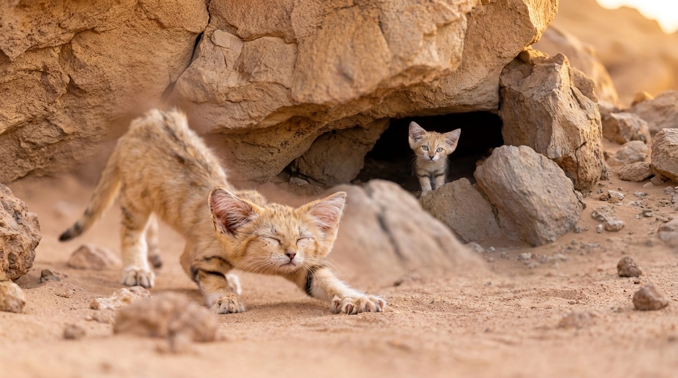 Rare sand cat kitten finally appears in the desert