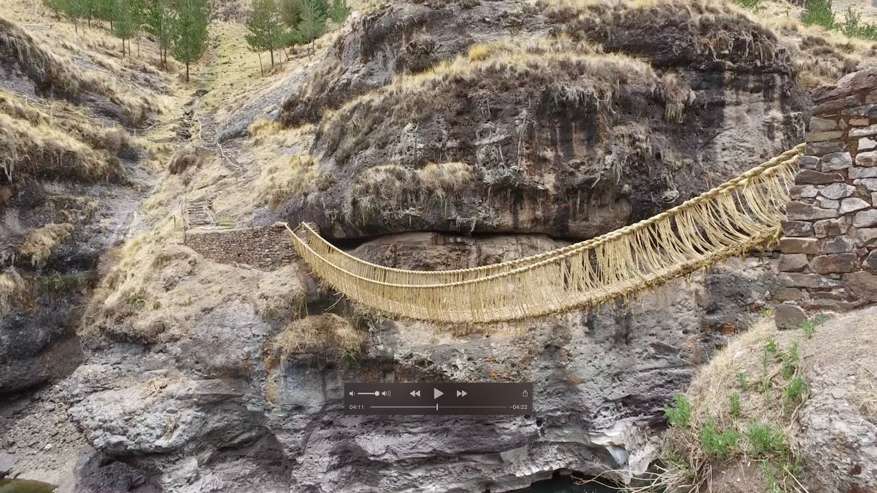 The last Inca rope bridge at Qeshwachaqa in the highlands of Peru