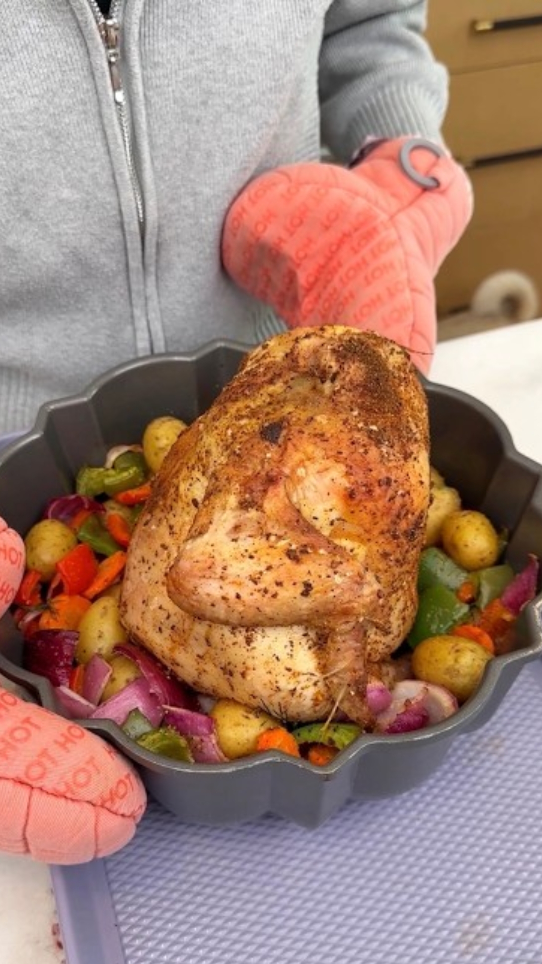This one pan chicken and vegetable dinner uses a bundt pan
