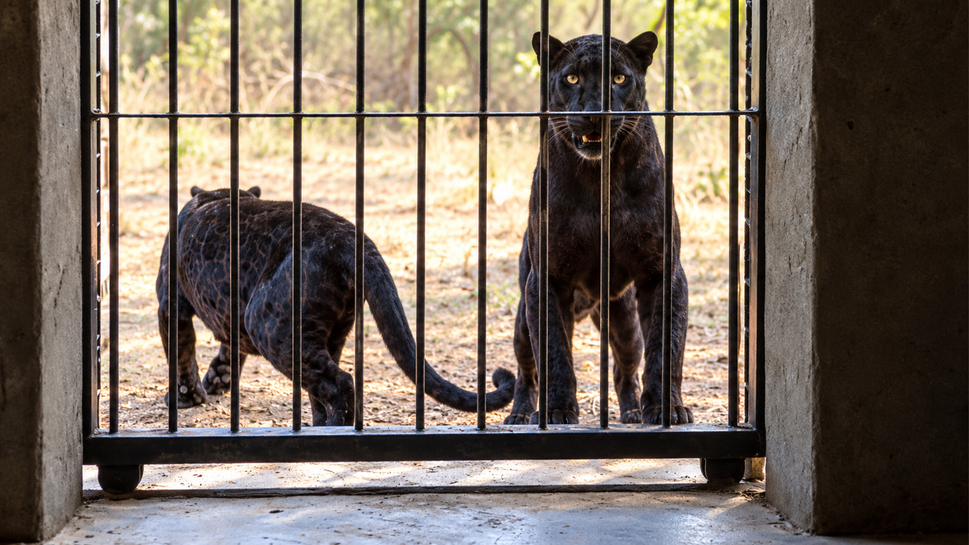 The black leopards watched from behind bars