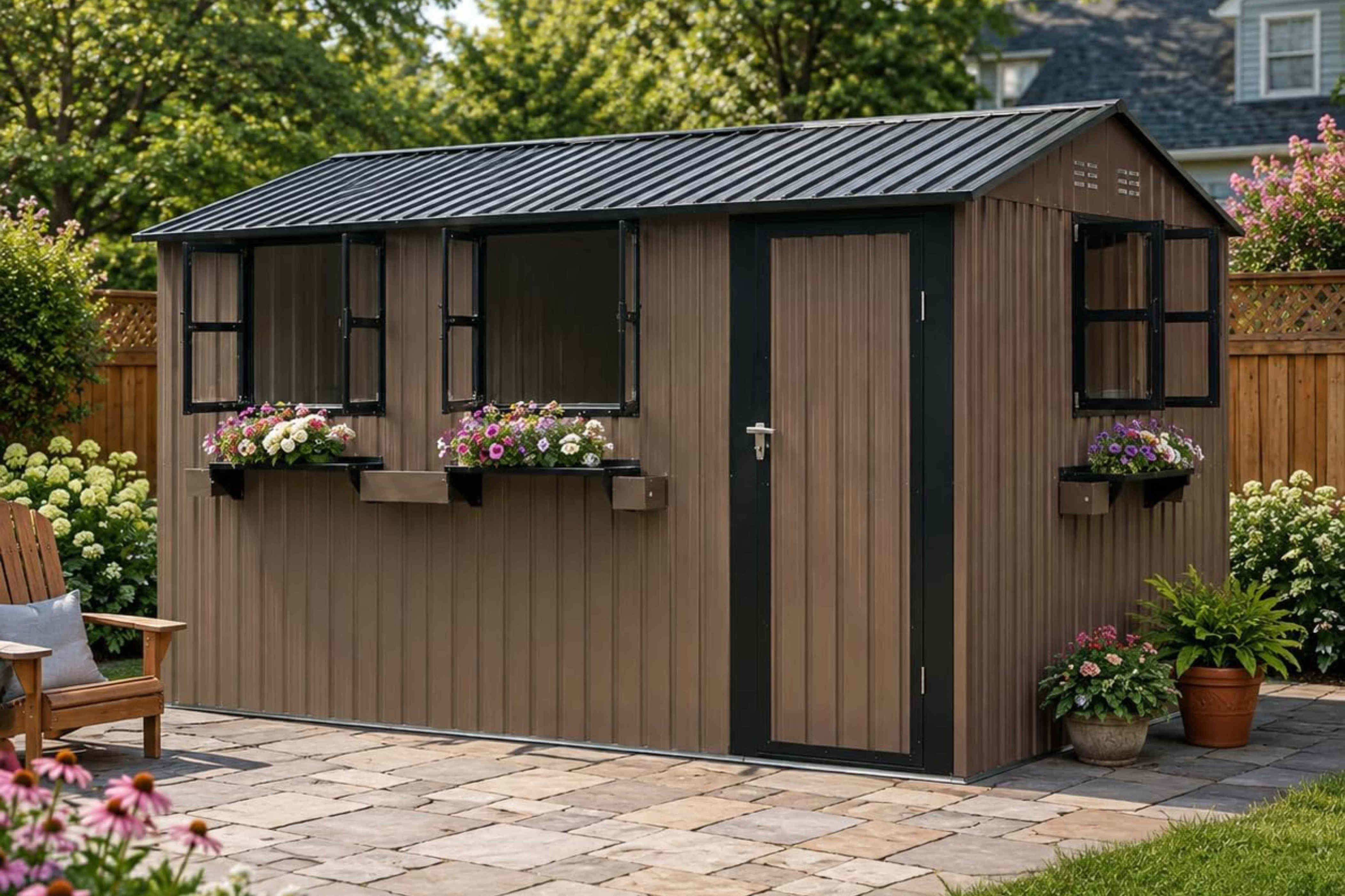 This storage shed has French casement windows, built-in planter boxes ...