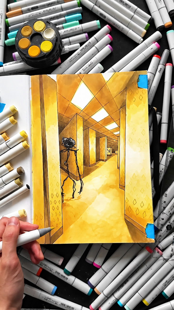 Easy technique to draw two point perspective backrooms art