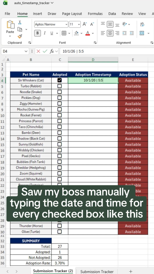 Tracking checkbox updates automatically in Excel
