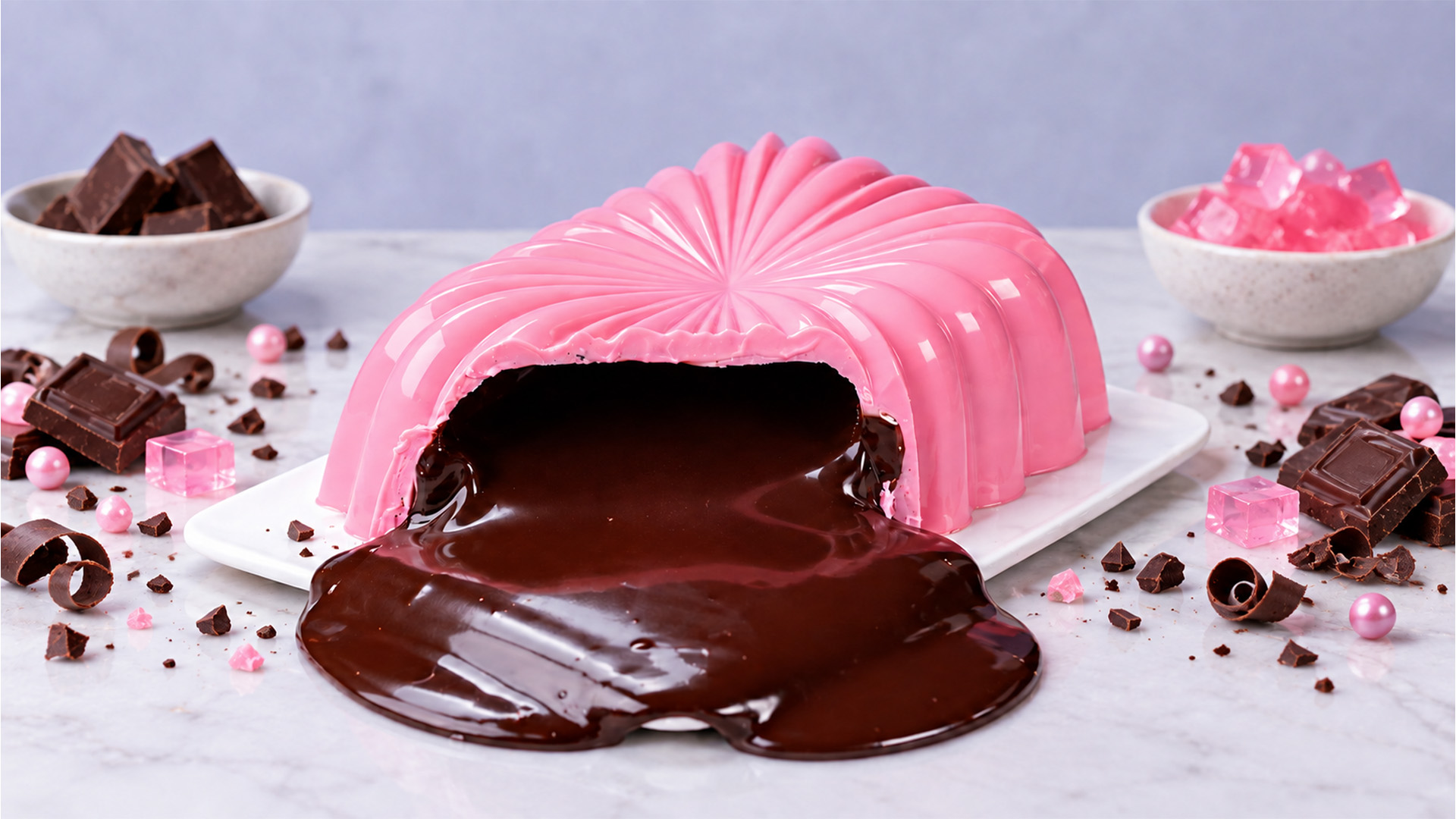 Pink jelly cake with chocolate filling