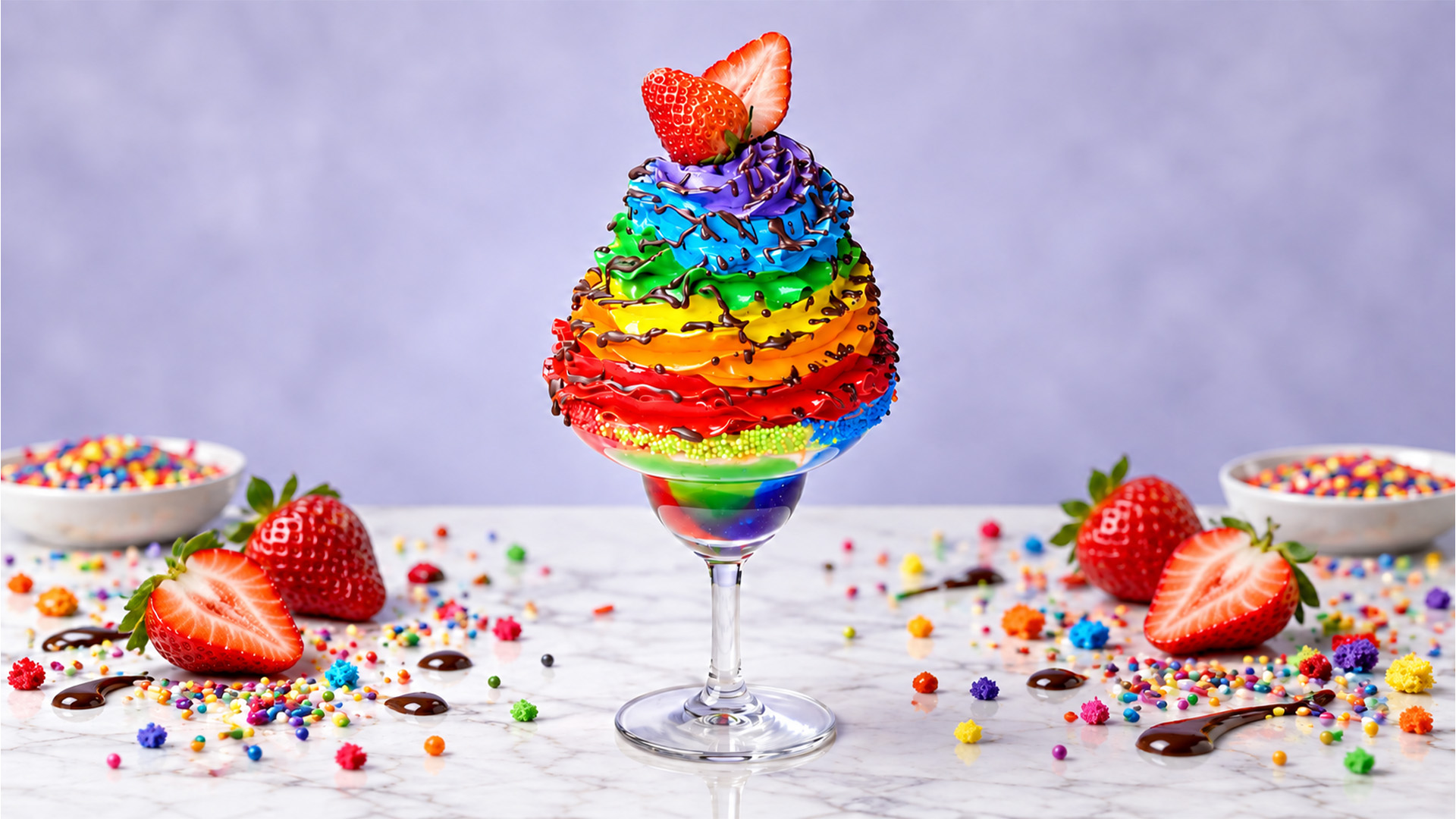 Rainbow frosting dessert with chocolate drizzle