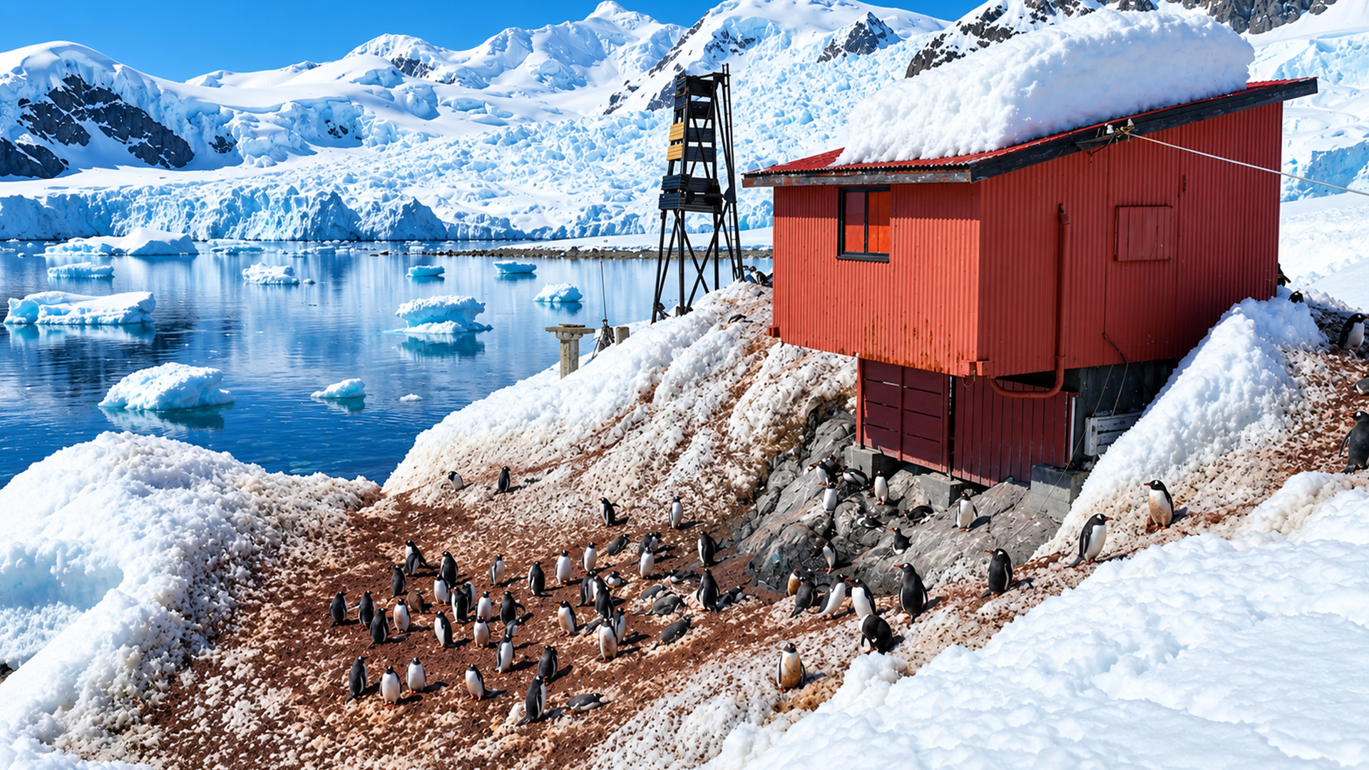 Un pequeño edificio entre glaciares y pingüinos