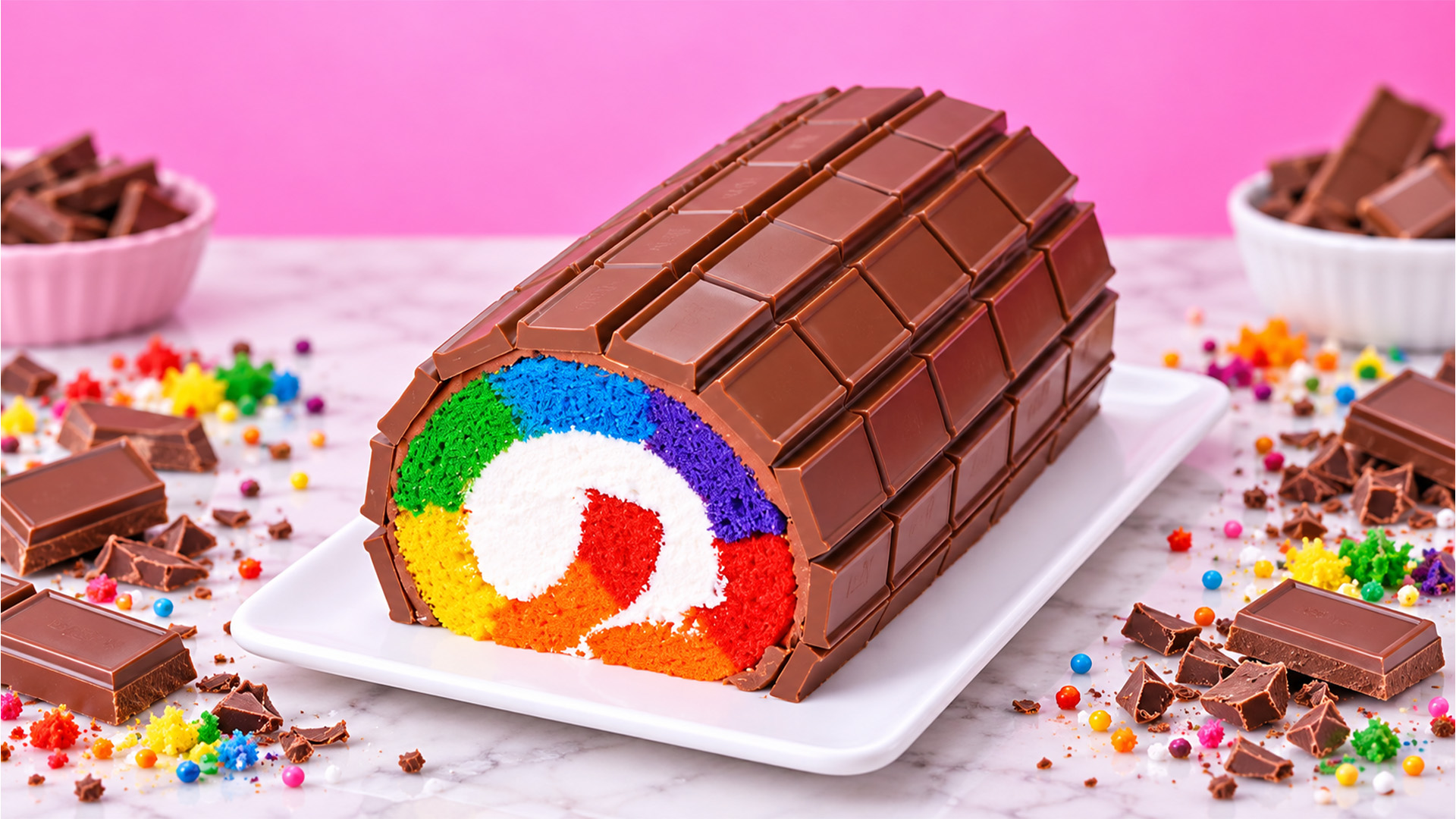 Rainbow roll cake covered in chocolate bars