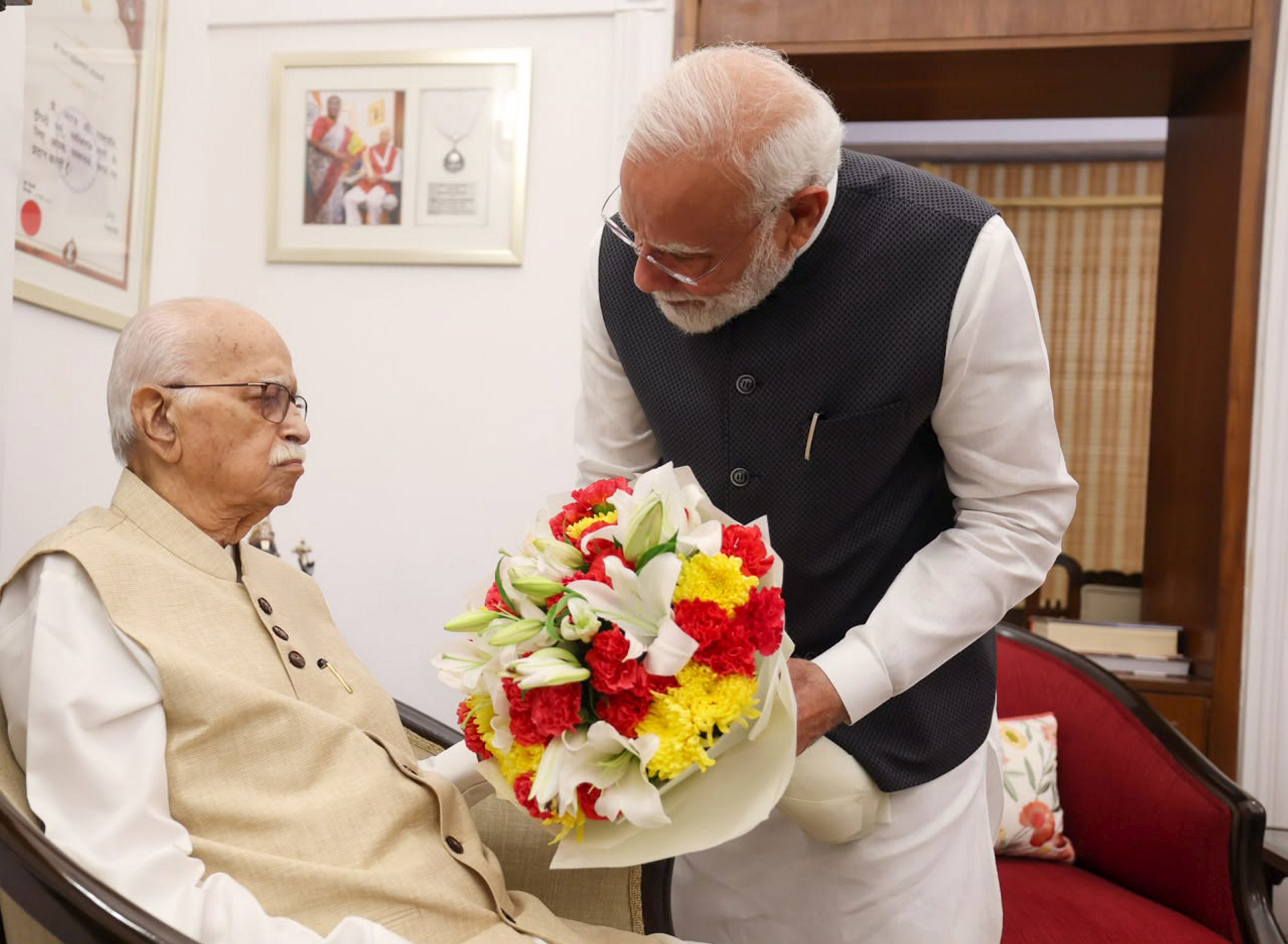 PM Modi visits L K Advani on completing 25 years as head of govt