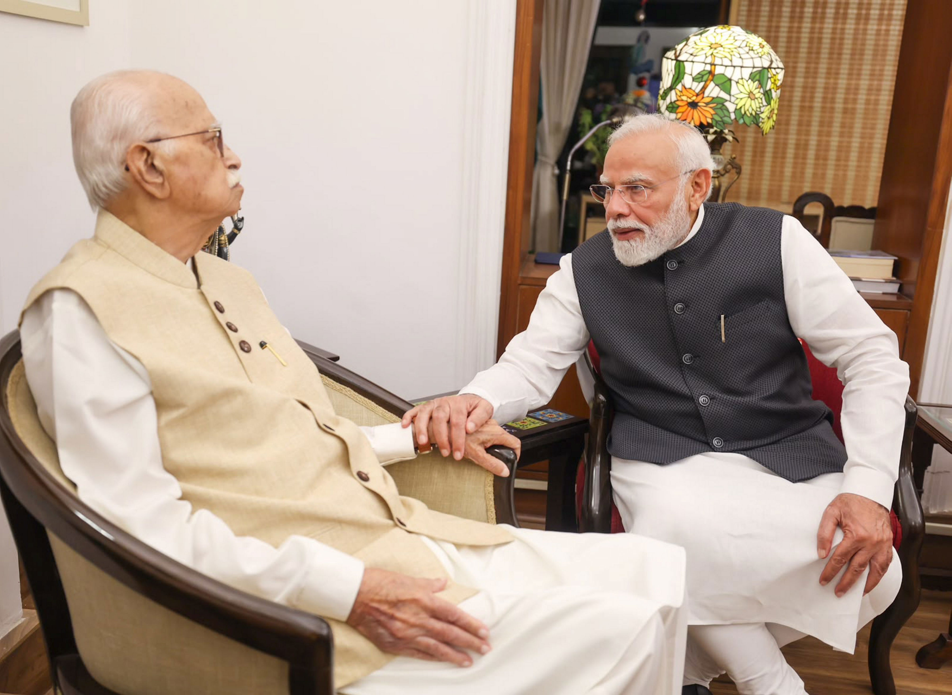 PM Modi visits L K Advani on completing 25 years as head of govt