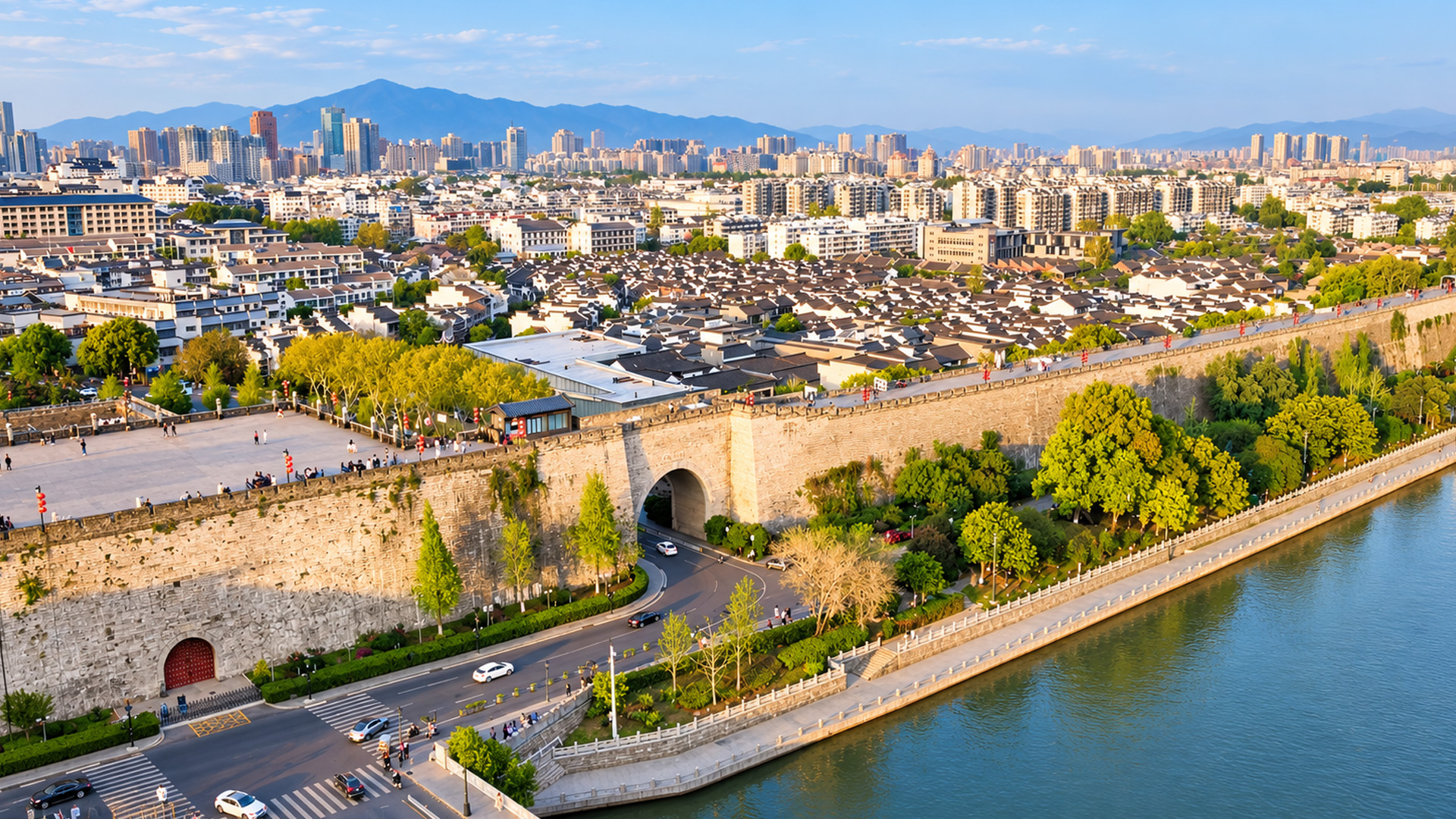 A walled old district beneath China’s modern skyline