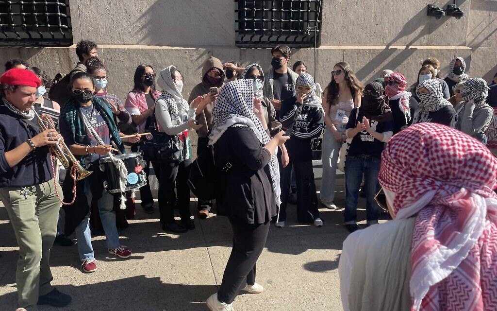 Protesters chant for intifada outside Columbia University at Oct. 7 rally