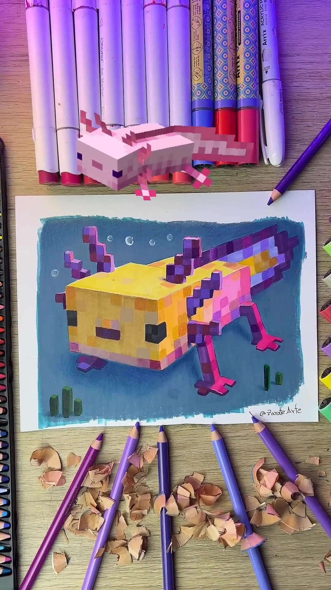 Dibujando un ajolote al estilo de Minecraft con mucho color