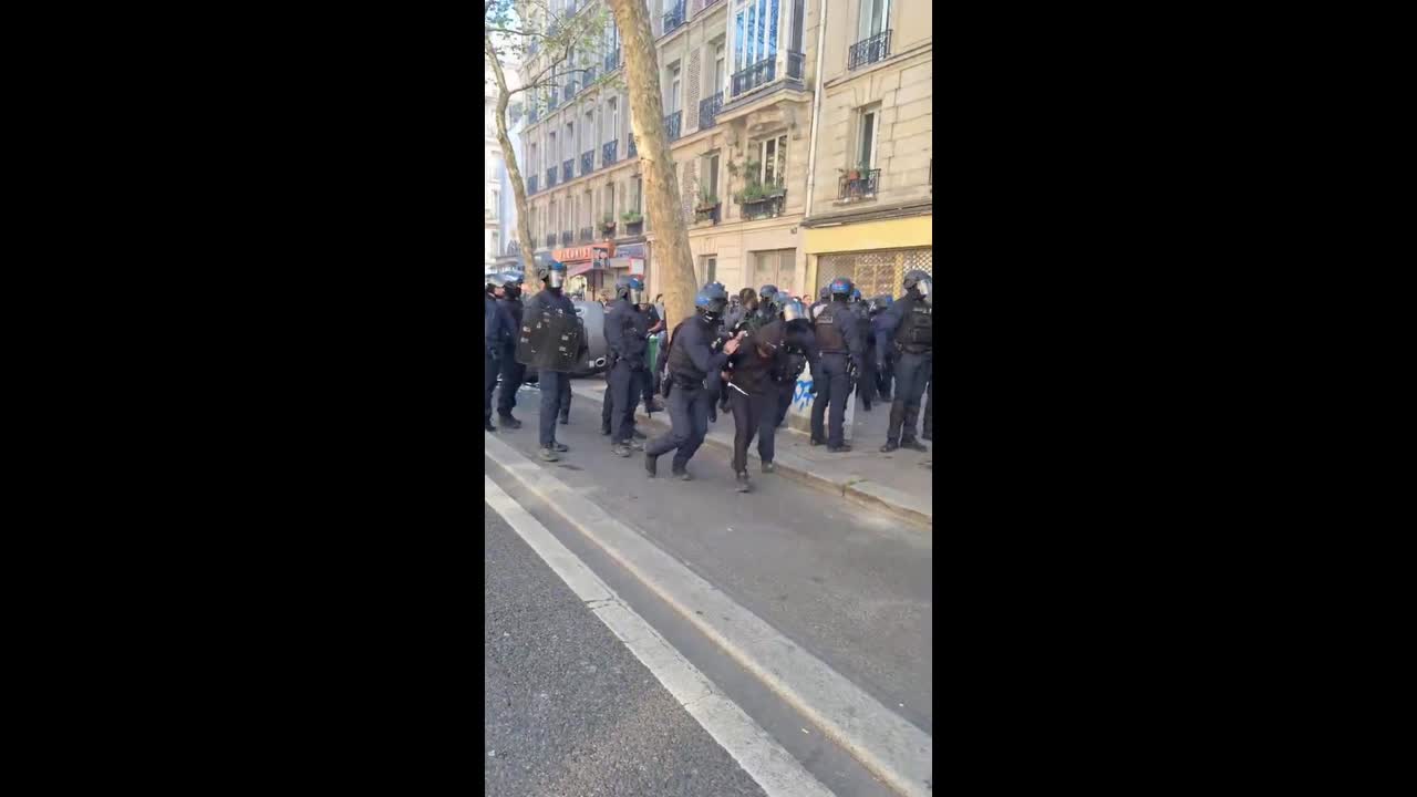 Three young protesters frogmarched by riot police as Paris ...