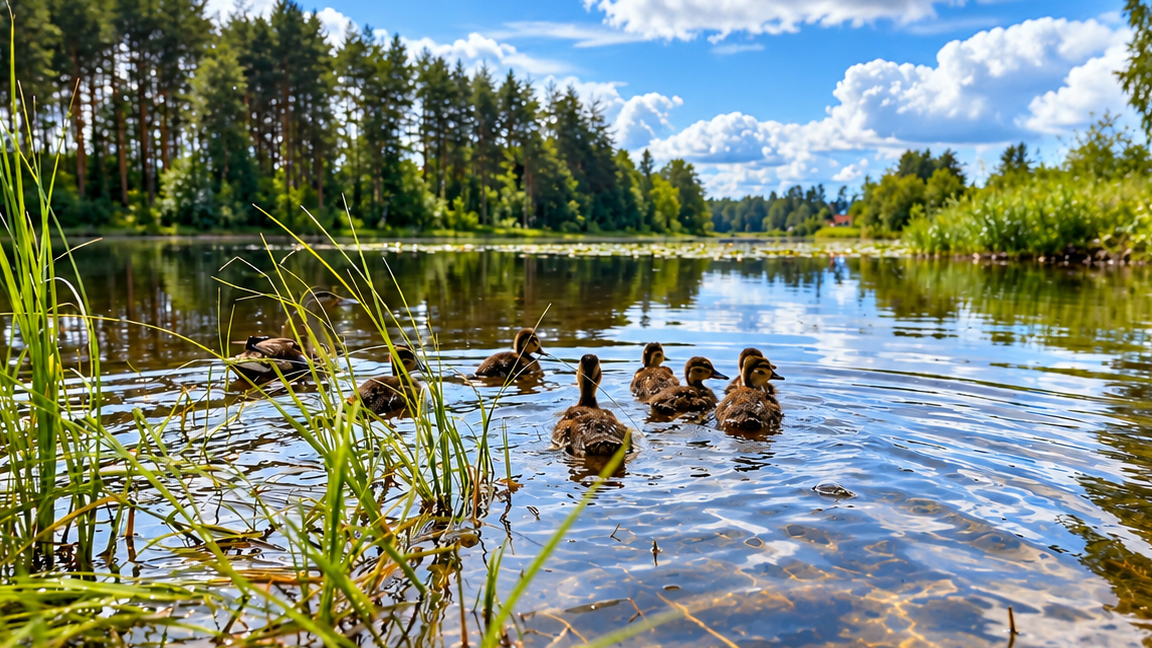 Tiny ducklings begin their journey across the water