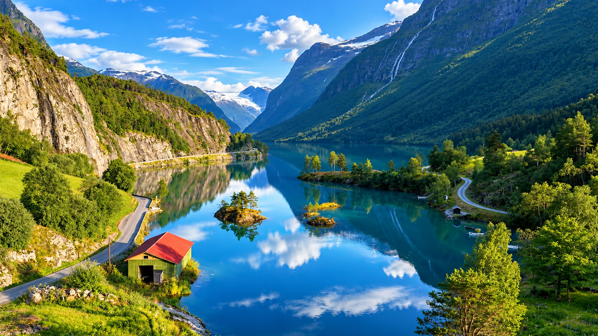 A tiny red-roofed house beside a mountain lake
