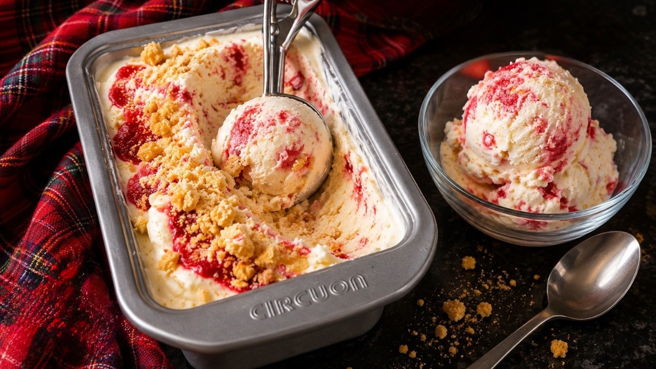 Simple 5 minute no-churn strawberry ripple ice cream with shortbread recipe