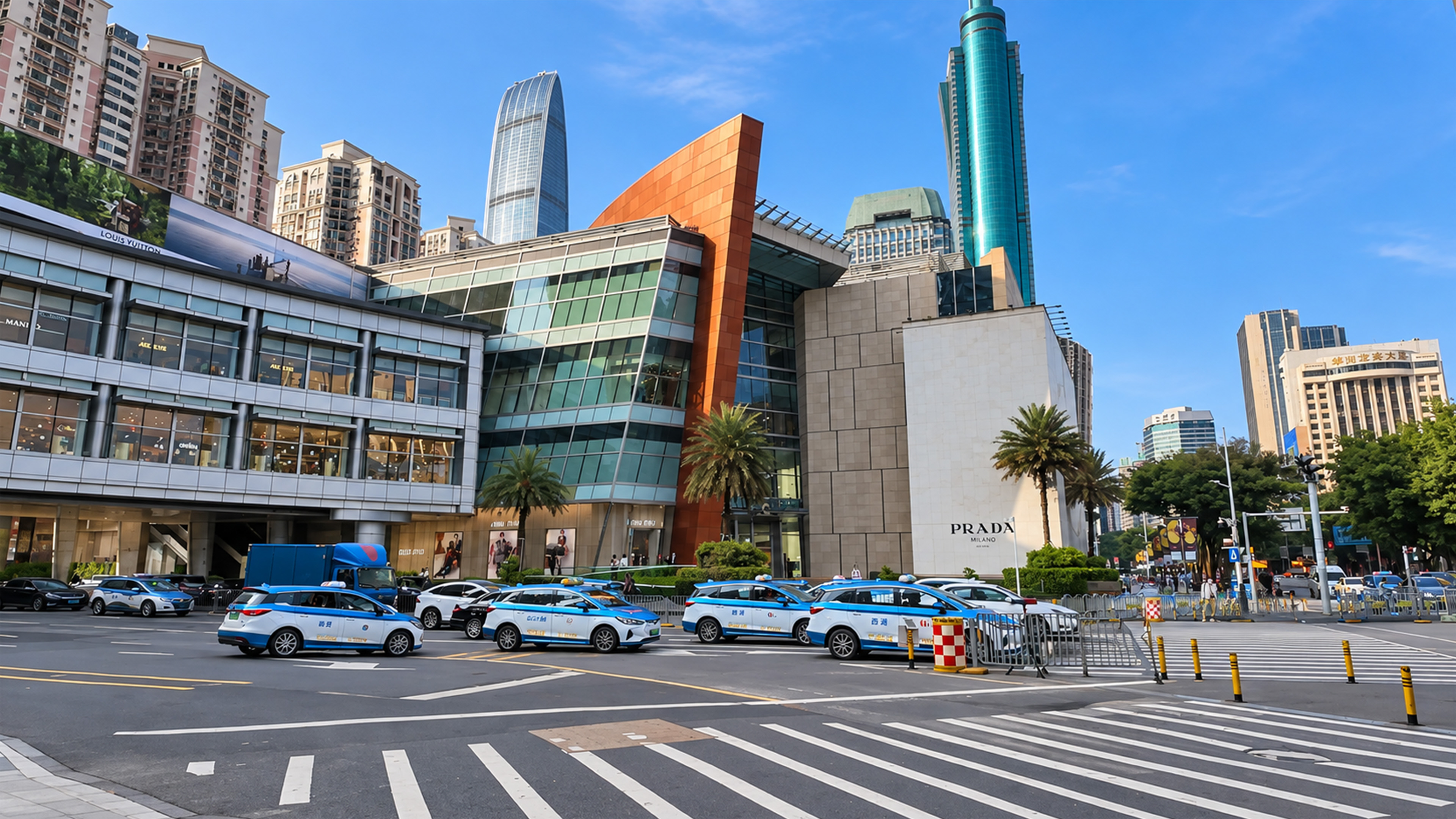 Rows of taxis fill the street outside a China mall