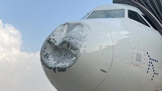 The damaged nose section of the IndiGo plane.