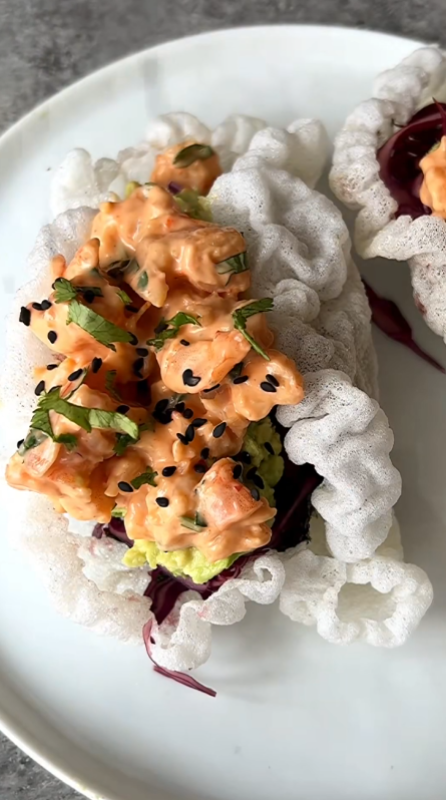 Spicy shrimp tacos with crispy rice paper shells