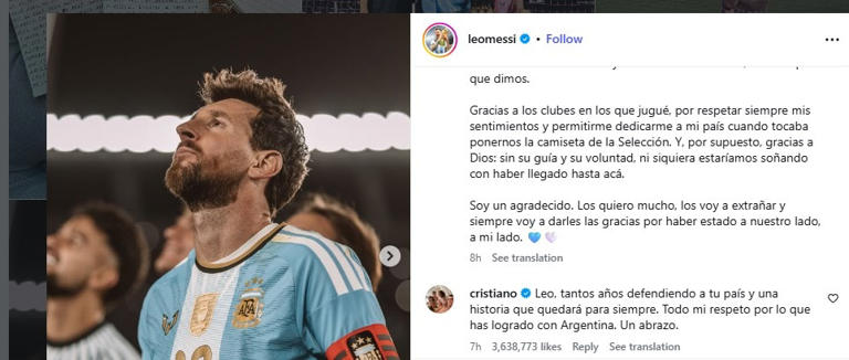 Screenshot of Cristiano Ronaldo's message to Lionel Messi